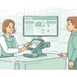 Ilustrasi pemilik toko menggunakan sistem pengelolaan pelanggan POS pada layar sentuh dengan data profil dan riwayat transaksi pelanggan